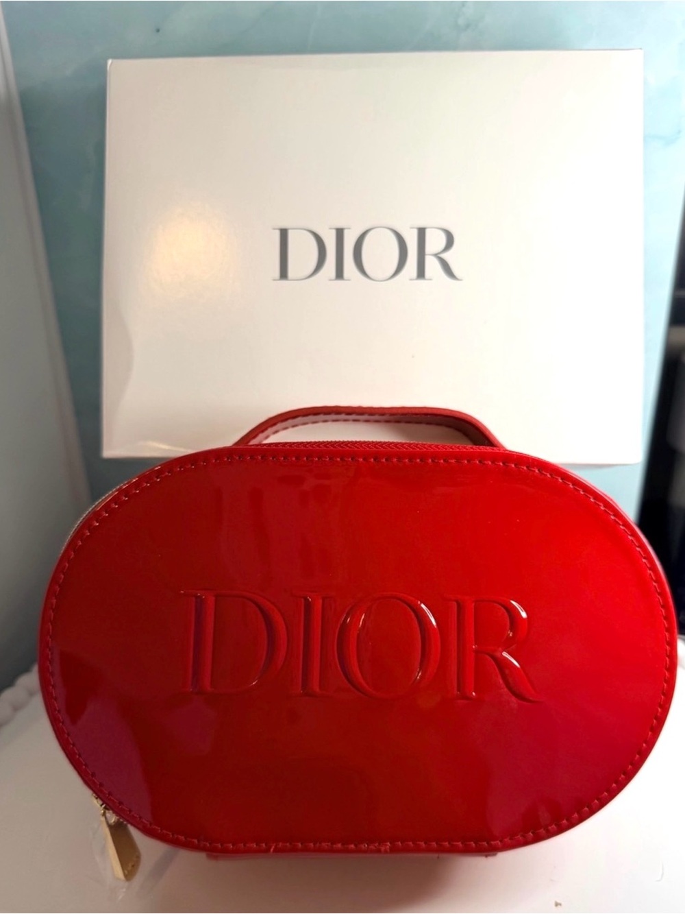 Dior Beauty Red Patent Zipped Cosmetic Pouch w/Handle GWP New in box